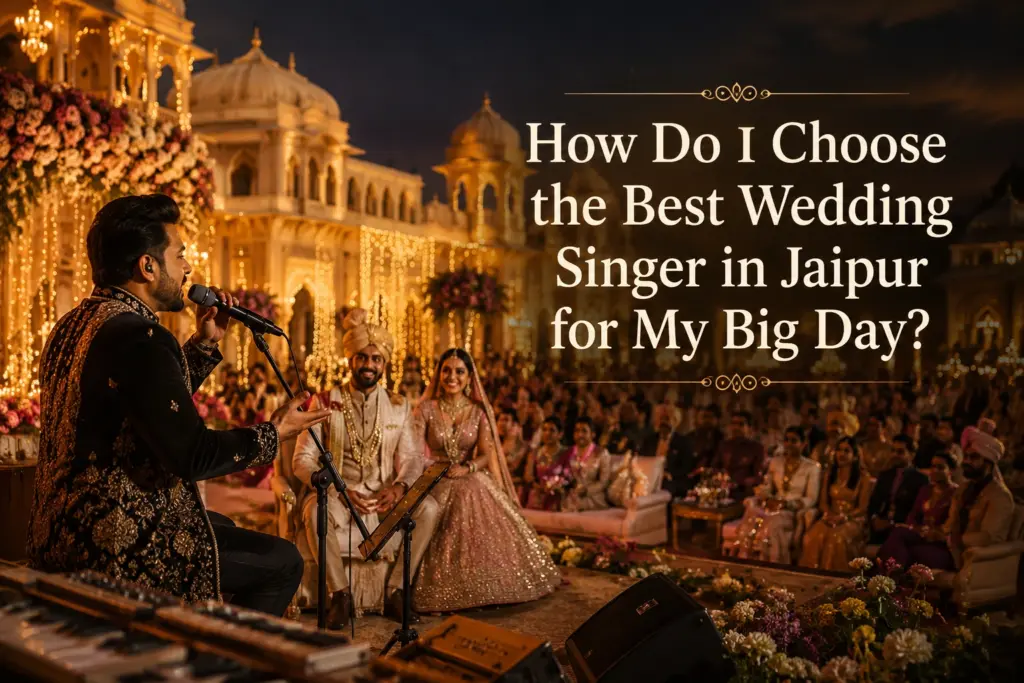 Best Wedding Singer in Jaipur performing live at a luxury destination wedding in Jaipur with bride, groom and guests enjoying an elegant palace celebration