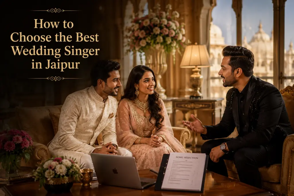 Bride and groom consulting a Professional Singer in Jaipur while planning live wedding entertainment and song selection for their wedding