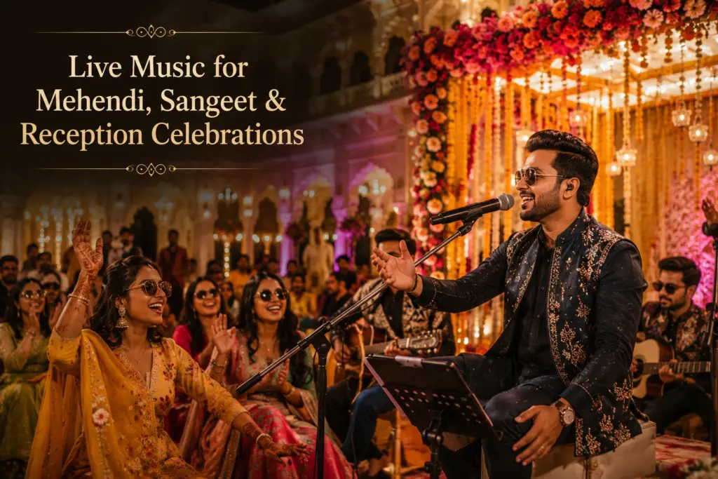 Live Singer in Jaipur entertaining guests during a colorful Mehendi and Sangeet celebration with live wedding music and traditional performances